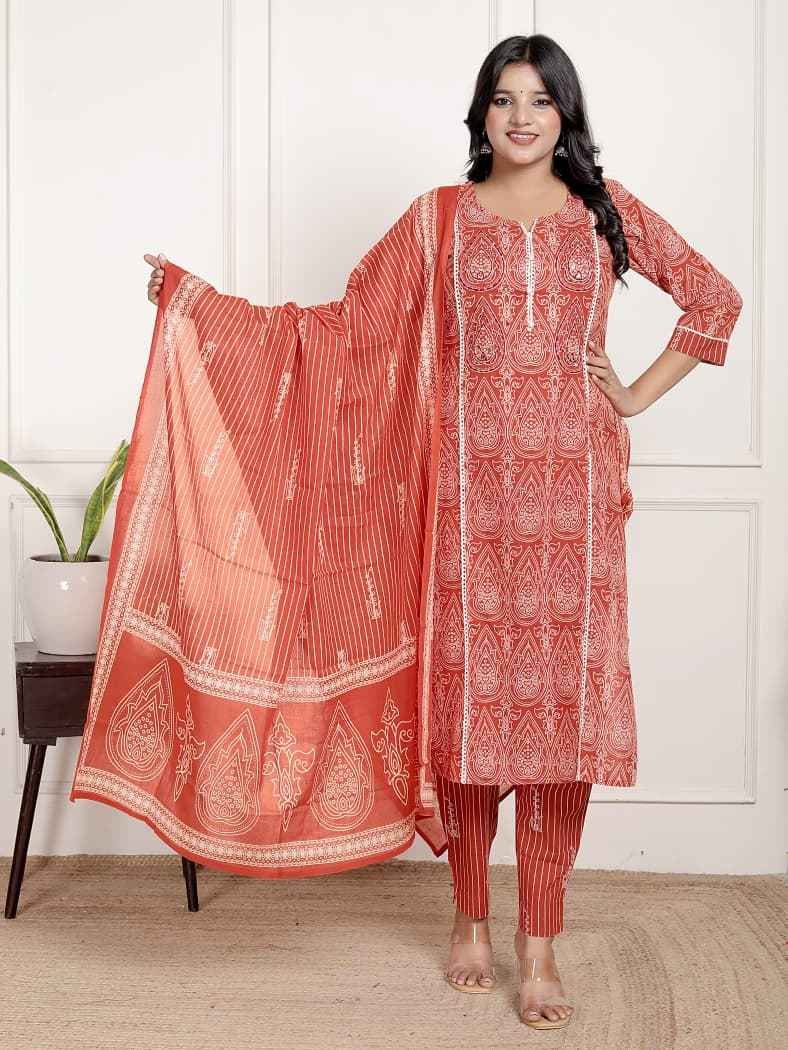 Classic Rust Cotton Kurta Pant with Printed Dupatta
